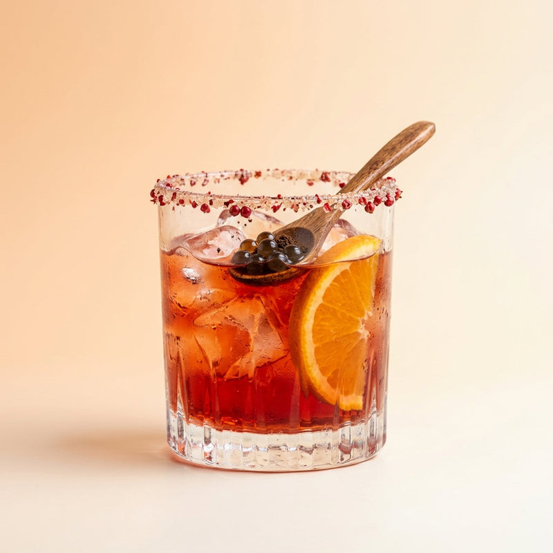 A photo of the Bitter & Twisted Negroni cocktail containing Campari Aperitivo, Cinzano Rosso Sweet Vermouth, Bulldog London Dry Gin, Tangerine/mandarin/clementine juice in a Old-Fashioned.