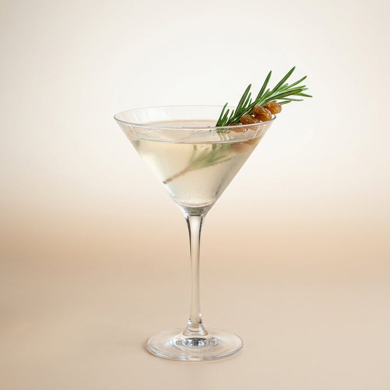 A photo of the Rosemary Raisin Gimlet cocktail containing Rosemary sprig, Raisins, Beefeater London Dry Gin, Giffard Sugar Cane Syrup (Sirop Sucre de Canne), Chilled water (reduce if wet ice) in a Martini.