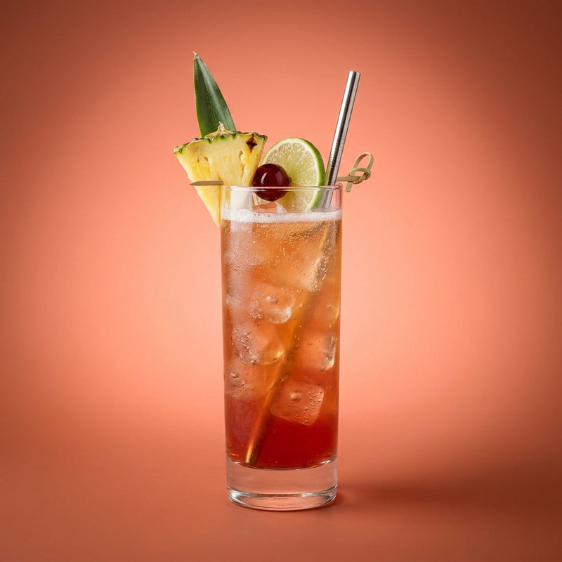 A photo of the Reposado Cherry Fizz cocktail containing Milagro Reposado Tequila, Freshly squeezed lime juice, Bénédictine D.O.M. Liqueur, Heering Cherry Liqueur, Fresh pressed pineapple juice, Perrier Jouet Grand Brut Champagne in a Collins.