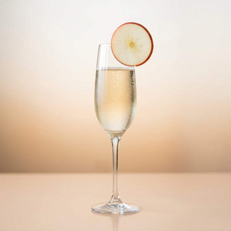 A photo of the Meadow Mule Royale cocktail containing Zubrowka Bison Grass Vodka, Pressed apple juice, Perrier Jouet Grand Brut Champagne in a Flute.