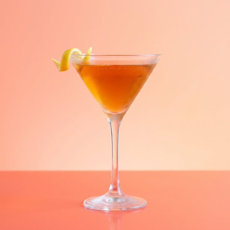 A photo of the Tulip Cocktail cocktail containing Roger Groult 3 Year Reserve Pays D'Auge Calvados, Giffard Abricot Du Roussillon, Martini & Rossi Rosso Sweet Vermouth, Freshly squeezed lemon juice, Chilled water (reduce if wet ice) in a Martini.