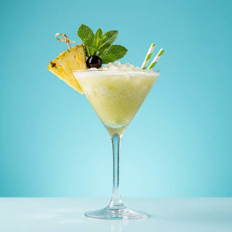 A photo of the Aku Aku cocktail containing Planteray 3 Stars White Rum, Rothman & Winter Orchard Peach Liqueur, Fresh pressed pineapple juice, Giffard Sugar Cane Syrup (Sirop Sucre de Canne), Freshly squeezed lime juice, Mint leaves in a Martini.
