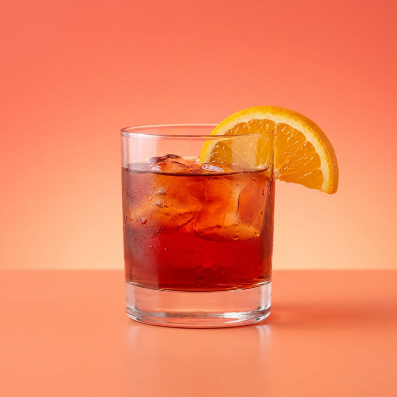 A photo of the Venetian Sunset Negroni cocktail containing Ketel One Vodka, Martini & Rossi Rosso Sweet Vermouth, Campari Aperitivo in a Old-Fashioned.