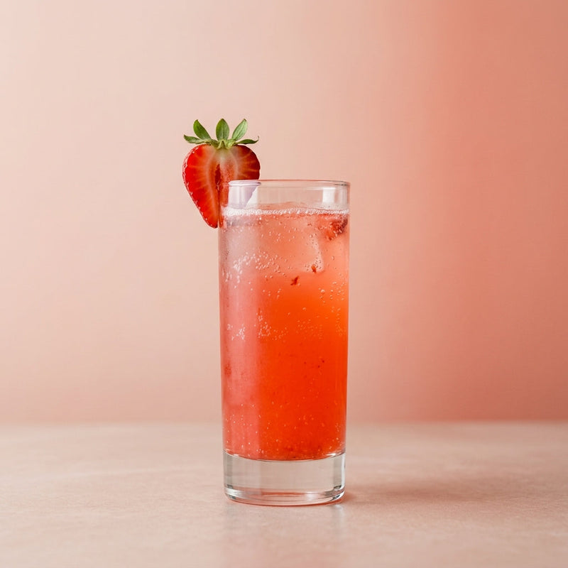 A photo of the Strawberry Tom Collins cocktail containing Small ripe strawberries (hulled), Hayman's Old Tom Gin, Freshly squeezed lemon juice, Giffard Sugar Cane Syrup (Sirop Sucre de Canne), Club soda in a Collins (Small 8 oz).