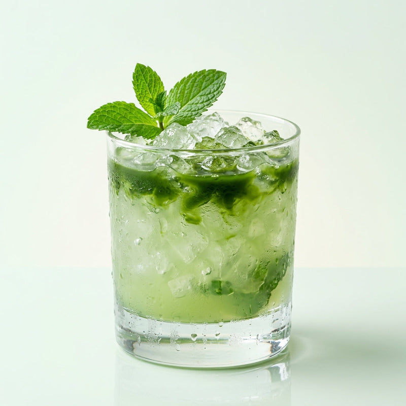 A photo of the Matcha Mint Crush cocktail containing Mint leaves, Ketel One Vodka, Freshly squeezed lime juice, Giffard Sugar Cane Syrup (Sirop Sucre de Canne), Yoshi Matcha Liqueur in a Old-Fashioned.