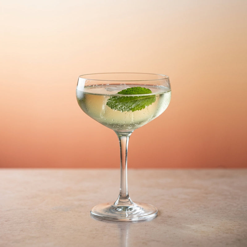 A photo of the Gin Garden Fizz 2 cocktail containing Mint leaves, Beefeater London Dry Gin, Freshly squeezed lemon juice, Giffard Sugar Cane Syrup (Sirop Sucre de Canne), Perrier Jouet Grand Brut Champagne in a Coupe.