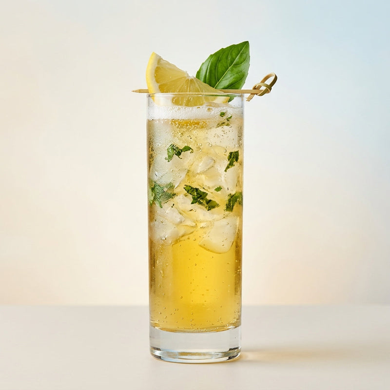 A photo of the Basil Reposado Fizz cocktail containing Milagro Reposado Tequila, Basil leaves, Giffard Sugar Cane Syrup (Sirop Sucre de Canne), Freshly squeezed lemon juice, Club soda in a Collins.