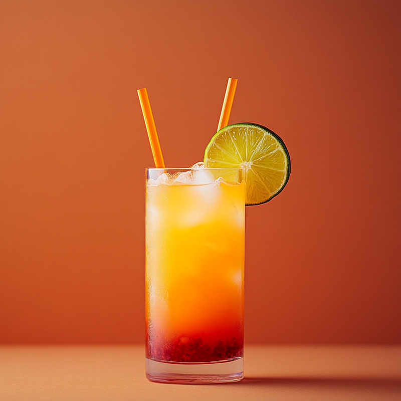 A photo of the Tropical Twizzle cocktail containing Fresh pressed pineapple juice, Freshly squeezed lime juice, Liber & Co. Real Grenadine, Ginger ale in a Collins.