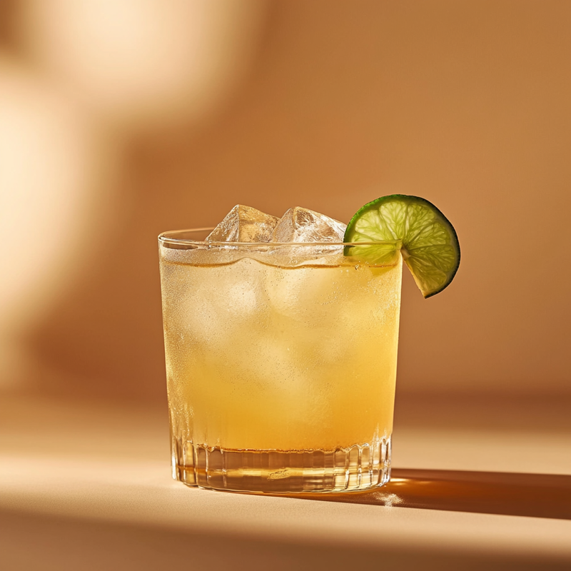 A photo of the Sunset Stir cocktail containing Beefeater London Dry Gin, Licor 43 Spanish Liqueur, Valdespino Inocente Fino Sherry, Freshly squeezed lime juice in a Old-Fashioned.