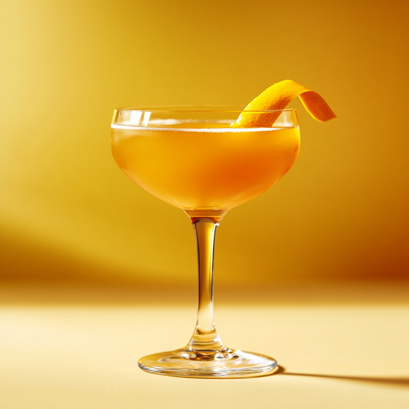 A photo of the Triple Tango cocktail containing Milagro Reposado Tequila, Bols Genever, Beefeater London Dry Gin, Pierre Ferrand Dry Curaçao, Baldoria Bitter Vermouth in a Nick & Nora.