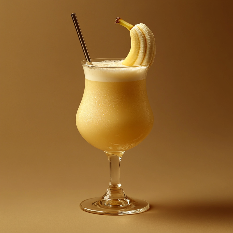A photo of the Banana Breeze Delight cocktail containing Ketel One Vodka, Giffard Banane du Brésil Liqueur, Marie Brizard Crème de Cacao White, Single cream / half-and-half, Milk, Banana (peeled) in a Hurricane.