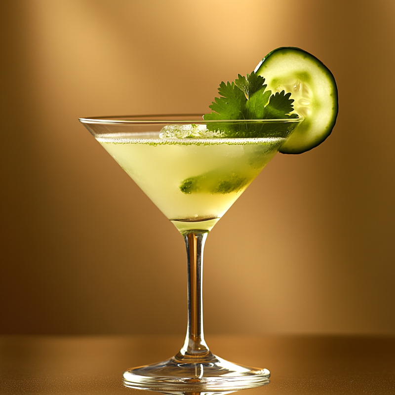 A photo of the Coriander Breeze cocktail containing English cucumber peeled, Coriander (cilantro) leaves, Milagro Reposado Tequila, Freshly squeezed lime juice, AquaRiva Organic Agave Syrup, Green Tabasco Sauce in a Martini.