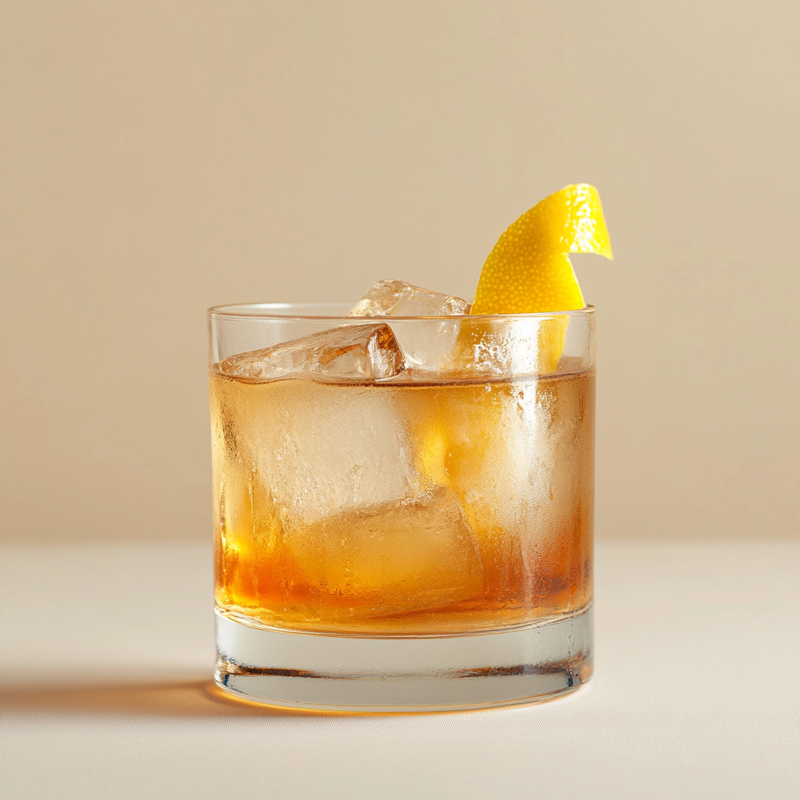 A photo of the Smoky Dutch Treat cocktail containing Bols Genever, Ardbeg 10 Year Islay Single Malt Scotch, Runny honey, Barrow's Intense Ginger Liqueur, Freshly squeezed lemon juice in a Old-Fashioned.