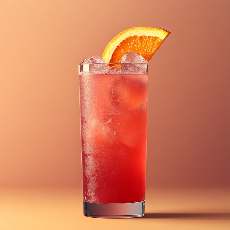 A photo of the Rambunctious Rum Swizzle cocktail containing Wray & Nephew White Overproof Rum, Cranberry juice, Freshly squeezed orange juice in a Collins.