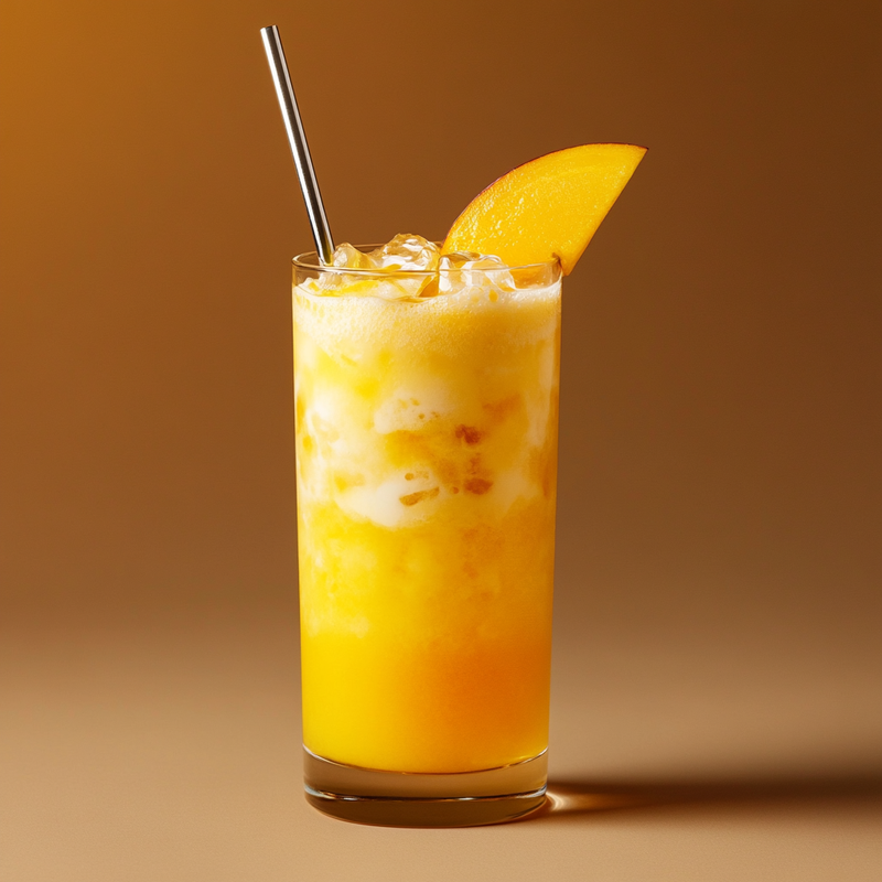 A photo of the Batida de Carneval cocktail containing Novo Fogo Chameleon Cachaça, Mango purée, Freshly squeezed orange juice, Condensed milk in a Collins.