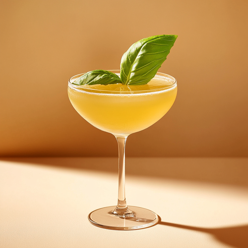A photo of the Basil Brazileño cocktail containing Basil leaves, Novo Fogo Chameleon Cachaça, Chartreuse Yellow, Freshly squeezed lime juice, AquaRiva Organic Agave Syrup, Chilled water (reduce if wet ice) in a Coupe.