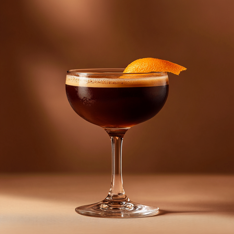 A photo of the Mezcal Midnight cocktail containing Del Maguey Vida Mezcal, Amaro Averna, Mr Black Cold Brew Coffee Liqueur, Angostura Orange Bitters in a Coupe.