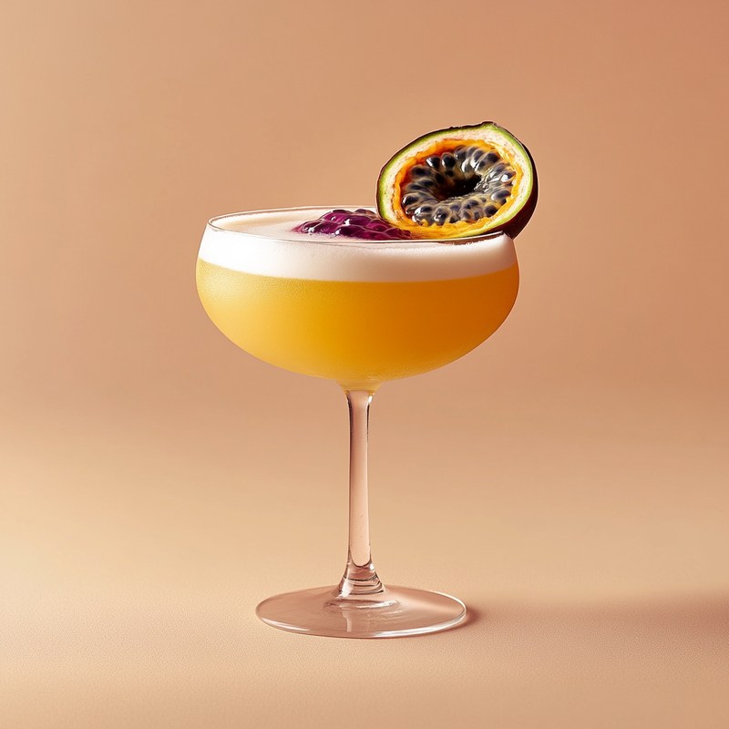 A photo of the Passionate Rum Splash cocktail containing Passion fruit (fresh fruit), Planteray 3 Stars White Rum, Galliano Autentico Liqueur, Freshly squeezed lime juice, Freshly squeezed orange juice, Liber & Co. Real Grenadine in a Coupe.