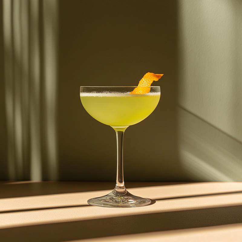 A photo of the Yellow Parrot cocktail containing Pernod Absinthe, Chartreuse Yellow, Giffard Abricot Du Roussillon, Chilled water (reduce if wet ice) in a Martini.
