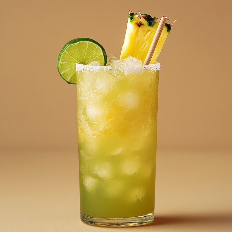 A photo of the Pineapple Lime Samba cocktail containing Fresh lime (chopped wedges), Caster sugar, Pineapple (fresh), Novo Fogo Chameleon Cachaça in a Highball.