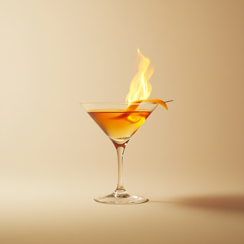 A photo of the Flame of Love Martini cocktail containing Orange peel, Ketel One Vodka, Valdespino Inocente Fino Sherry in a Martini.