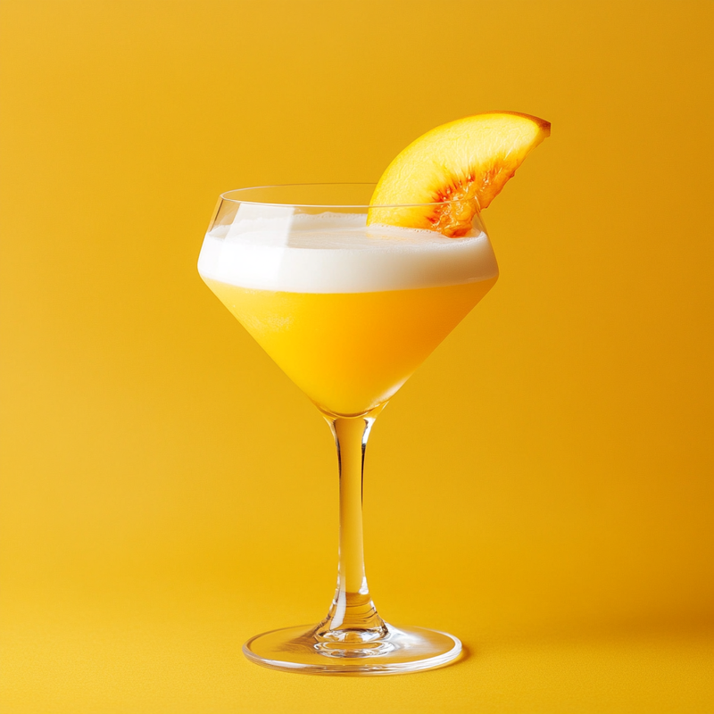 A photo of the Perfect Lady cocktail containing Beefeater London Dry Gin, Rothman & Winter Orchard Peach Liqueur, Freshly squeezed lemon juice, Fee Brothers Fee Foam Egg White Alternative in a Martini.