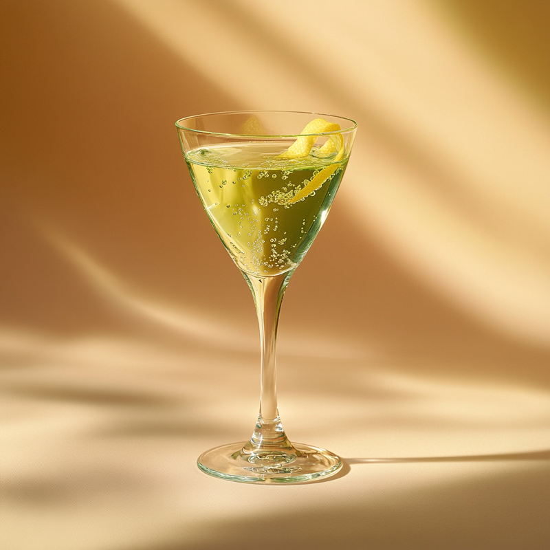 A photo of the Absinthe Riviera Martini cocktail containing Pernod Absinthe, Chilled water, Milagro Reposado Tequila, AquaRiva Organic Agave Syrup, Pallini Limoncello in a Martini.
