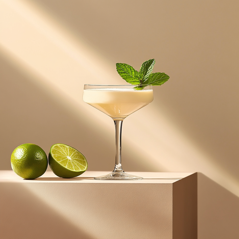 A photo of the Coconut Cacao Cooler cocktail containing Planteray 3 Stars White Rum, Marie Brizard Crème de Cacao White, Freshly squeezed lime juice, Coconut water, Mint leaves in a Copita Sherry.