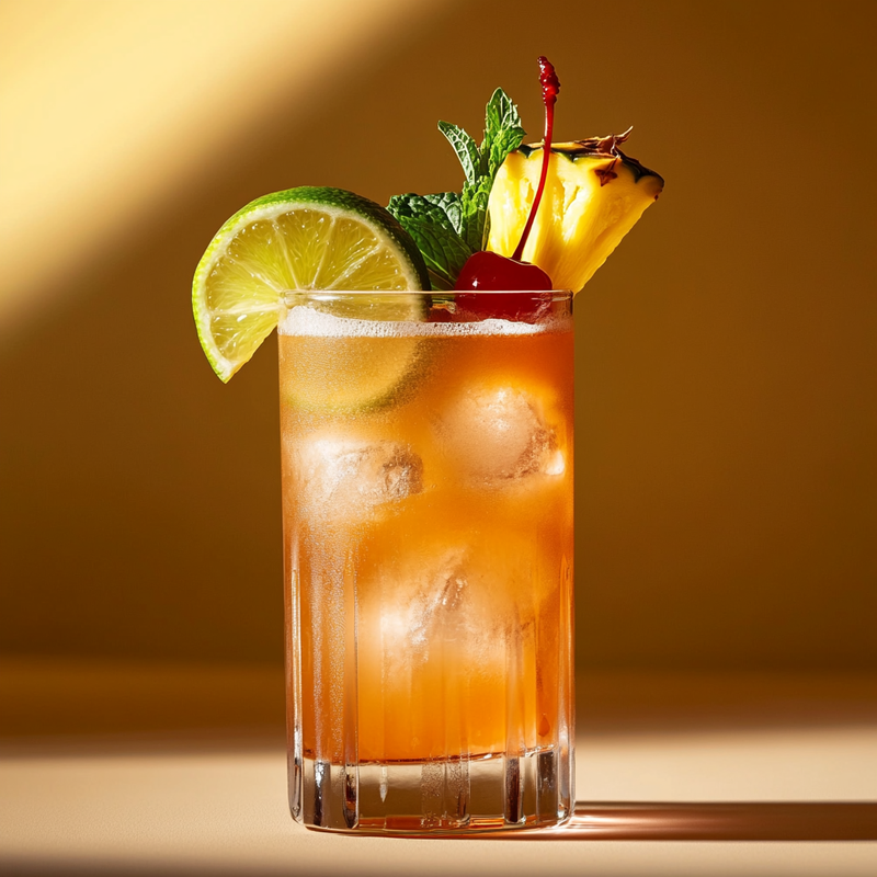 A photo of the Suffering Bastard cocktail containing Hennessy V.S. Cognac, Beefeater London Dry Gin, Rose's lime cordial, Angostura Aromatic Bitters, Three Cents Ginger Beer in a Collins (Small 8 oz).