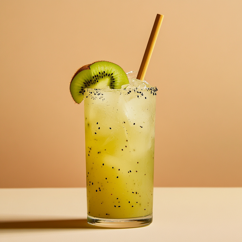A photo of the Kiwi Carnival Cooler cocktail containing Fresh lime (chopped wedges), Caster sugar, Kiwi fruit, Ricard Pastis de Marseille Aperitif, Pressed apple juice, Novo Fogo Chameleon Cachaça in a Highball.