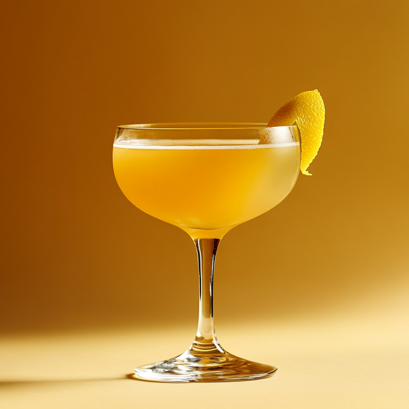 A photo of the Strega's Pineapple Charm cocktail containing Strega Liquore, Fresh pressed pineapple juice, Pallini Limoncello, Liber & Co. Real Grenadine, Angostura Aromatic Bitters in a Nick & Nora.