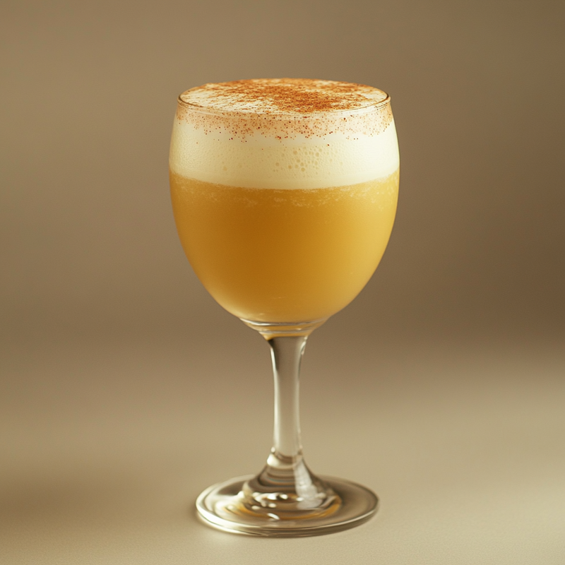 A photo of the Ponche de Algarrobina cocktail containing 1615 Pisco Puro Quebranta, Egg yolk, Condensed milk, Algarrobo extract (or malt extract from health food shops) in a Goblet.