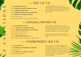 Recipe card for Mai Tai, Halekulani Mai Tai, and Passionfruit Mai Tai with ingredients listed on a yellow background with green leaves.