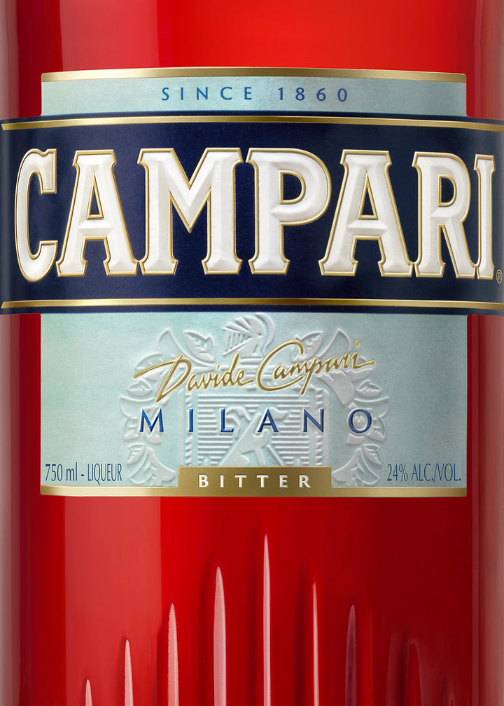 Campari bottle with label showing brand name and details