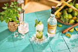 Planteray 3 Star Rum bottle with a cocktail and garnishes on a turquoise table.
