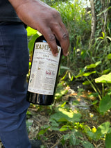 Person holding a Hampden Estate rum bottle in a natural setting with greenery.