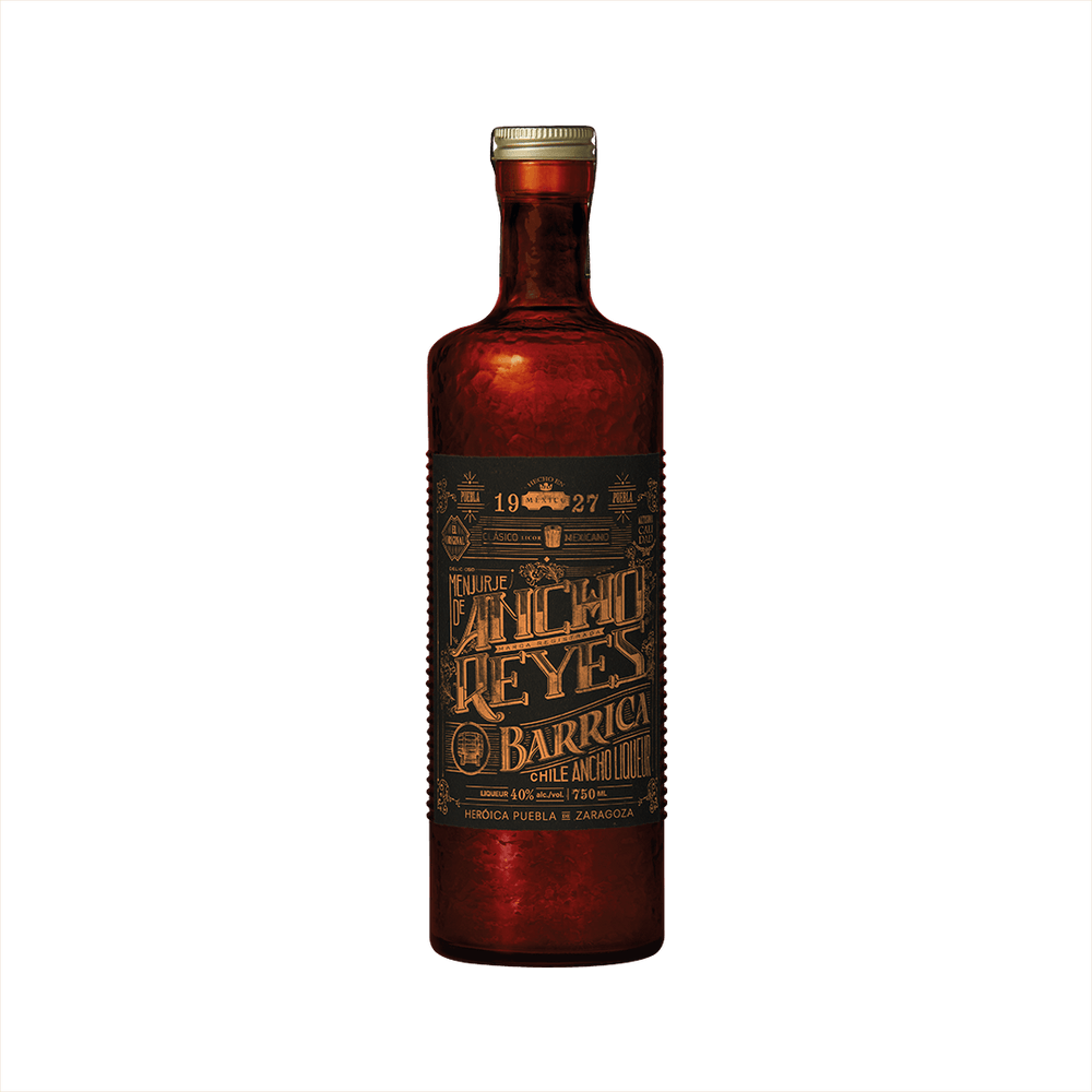 Bottle of Ancho Reyes Barrica Mexican Chile Liqueur.