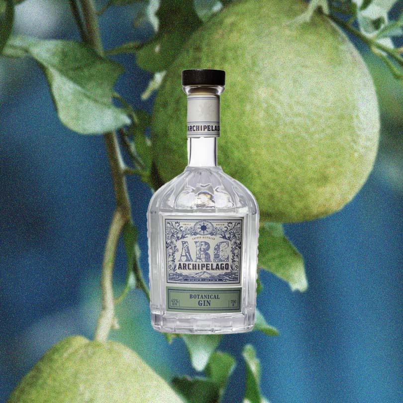 Archipelago Botanical Gin over backdrop of a pear on a tree.