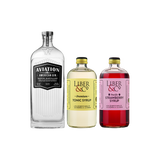 Bottles of Aviation Gin, Liber & Co. Tonic Syrup, Liber & Co. Strawberry Syrup.