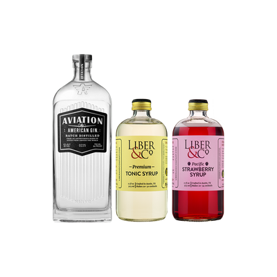 Bottles of Aviation Gin, Liber & Co. Tonic Syrup, Liber & Co. Strawberry Syrup. product image