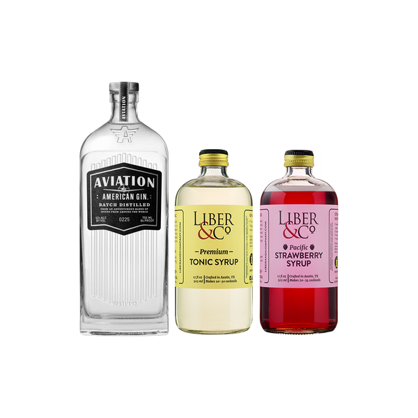 Bottles of Aviation Gin, Liber & Co. Tonic Syrup, Liber & Co. Strawberry Syrup.