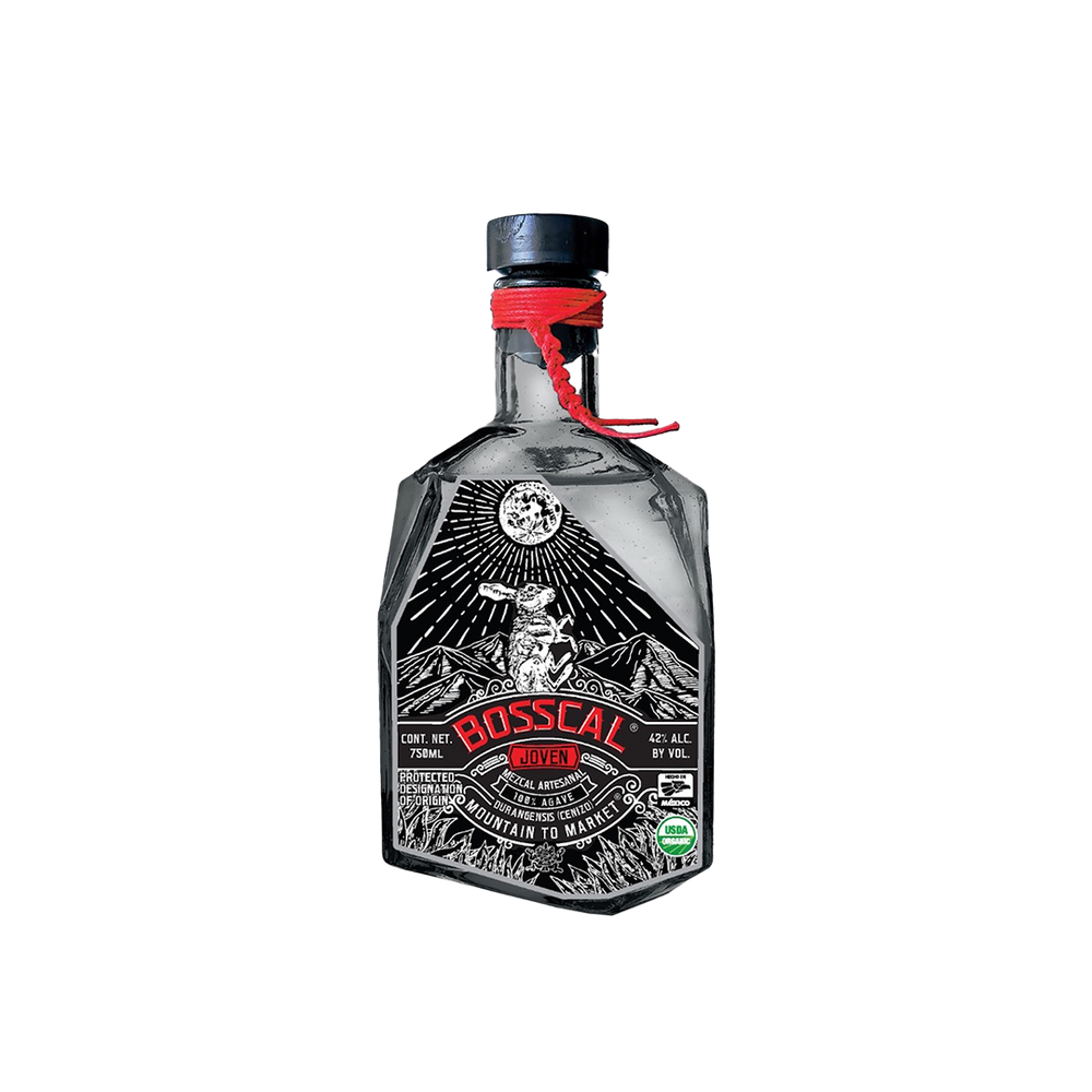 Bottle of Mezcal Bosscal Joven. 