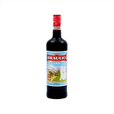 A tall bottle with a red cap reading: Braulio Bormio Amaro Alpino with a hand drawn image of the Alps