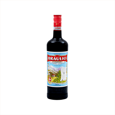 A tall bottle with a red cap reading: Braulio Bormio Amaro Alpino with a hand drawn image of the Alps