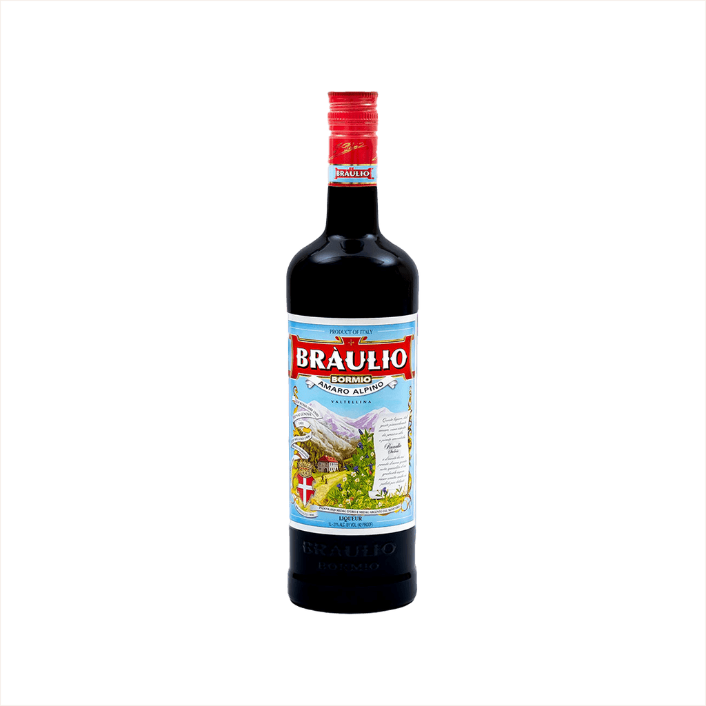 A tall bottle with a red cap reading: Braulio Bormio Amaro Alpino with a hand drawn image of the Alps