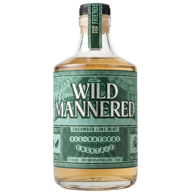 A bottle of Wild Mannered Cucumber Lime Mint All-Natural Cocktail rum with a green and white label, set against a plain white background. product image