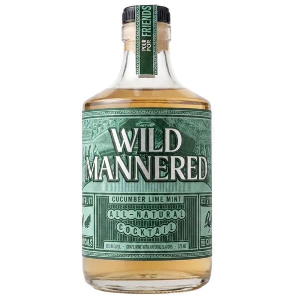 A bottle of Wild Mannered Cucumber Lime Mint All-Natural Cocktail rum with a green and white label, set against a plain white background.