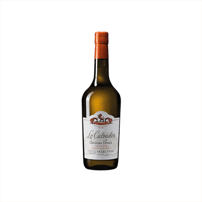 A yellow-hued glass bottle with an orange foil covering.  It looks not dissimilar to a wine bottle. The label is similar too, it reads: Le Calvados de Christian Drouin.  The label has lion illustration at the top and the whole thing is set against what looks like the backdrop of a great french manor house.