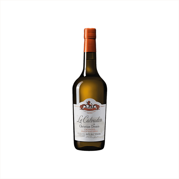 A yellow-hued glass bottle with an orange foil covering.  It looks not dissimilar to a wine bottle. The label is similar too, it reads: Le Calvados de Christian Drouin.  The label has lion illustration at the top and the whole thing is set against what looks like the backdrop of a great french manor house.