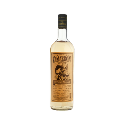 A bottle of Cimarron Reposado Tequila with a label showcasing the brand name and a graphic of a dragon, against a plain background.